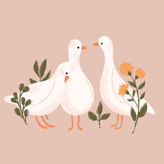 Cute white goose and  flowers. Composition with goose and wildflower. Hand drawn vector illustration.
