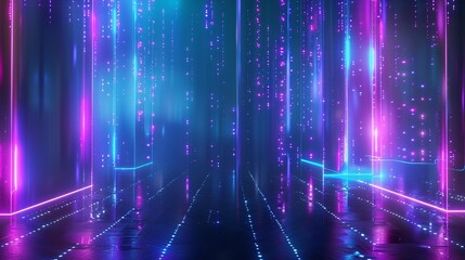 Obraz premium Vibrant neon lights create a futuristic atmosphere in a digital space, showcasing colorful reflections and dynamic patterns. Stage for product presentation.