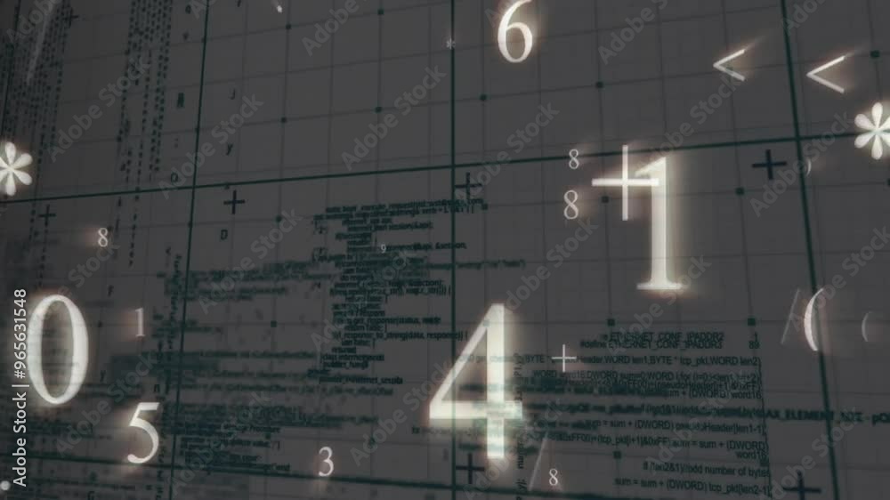 Poster animation of numbers and digital data processing over computer servers