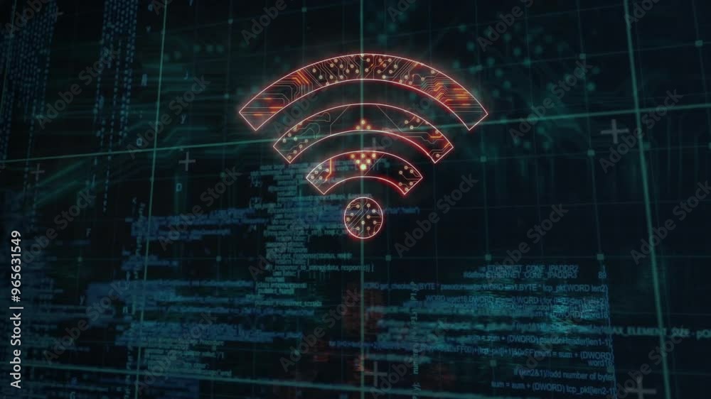Poster animation of wifi icon and digital data processing over grid