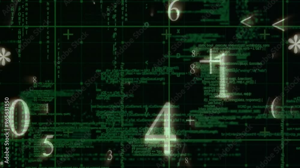 Poster animation of numbers and digital data processing over computer servers