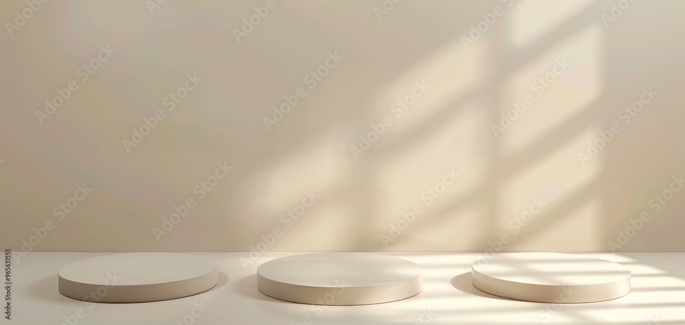 Aufkleber Minimalistic display with three circular platforms casting soft shadows on a light-colored wall, perfect for showcasing products.