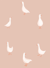 Frame with cute white geese. Hand drawn vector illustration.