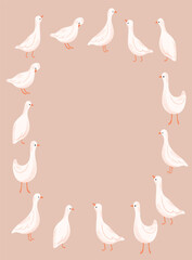 Frame with cute white geese. Hand drawn vector illustration.