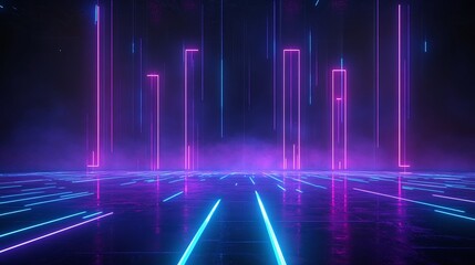 Fototapeta premium Vibrant neon lights create a futuristic atmosphere with colorful beams and reflections, perfect for digital art and design. Stage for product presentation.