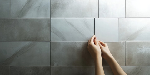 Construction worker is installing tiles on a wall, using his hands to make sure the tiles are level and properly aligned