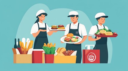 Modern Flat Design Food Delivery: Courier Delivering Fresh Restaurant Meals with Efficient Service in Contemporary Style