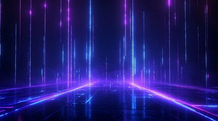 Vibrant neon lights create a futuristic digital landscape, featuring dynamic lines and glowing reflections. Stage for product presentation.