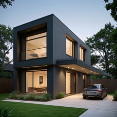 Modern luxury house with a well-manicured lawn..