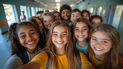 Fototapeta premium group of cheerful school kids taking a fun selfie in the hallway. friendship and bonding, group selfies, kids with smartphones