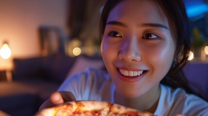 Happy young woman eating pizza and smiling, relaxing on the sofa in a cozy home setting