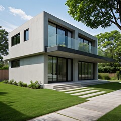 Modern luxury house with a well-manicured lawn..