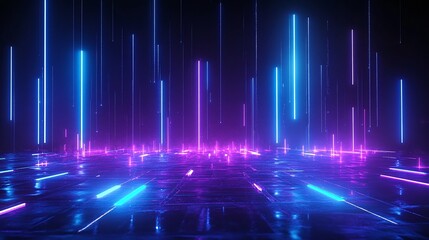 Vibrant neon lights illuminate a futuristic landscape, creating a dynamic atmosphere filled with energy and movement. Stage for product presentation.