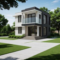 Modern luxury house with a well-manicured lawn..