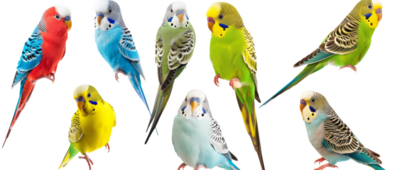 Set of isolated, colorful parakeets and chirping budgies on transparent background. elements, themed designs. Top view high quality PNG." design elements, top view / flat lay.	
