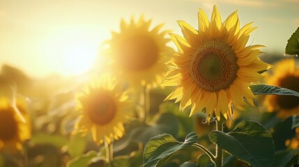 Obraz premium A group of sunflowers facing the rising sun in the early morning light, symbolizing renewal, growth, and the start of a new day