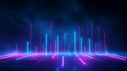 Vibrant neon lights in a futuristic setting, creating an energetic and dynamic atmosphere perfect for digital art projects. Stage for product presentation.
