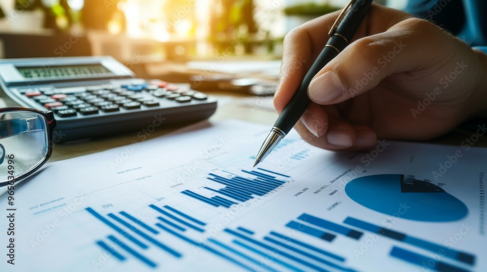 Poster a hand holding a pen, analyzing a printed financial graph on paper with a calculator and glasses nea