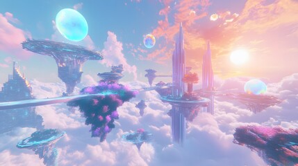 Metaverse Adventures, a floating virtual city in the clouds with interconnected platforms and digital gardens, soft pastel colors, bright sunlight with glowing reflections, whimsical and imaginative,