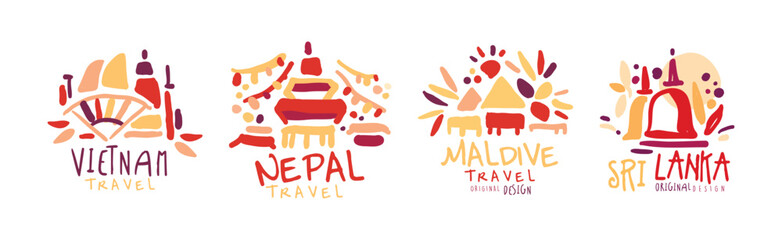 Travel Time Original Label Design with Destination Country Vector Set