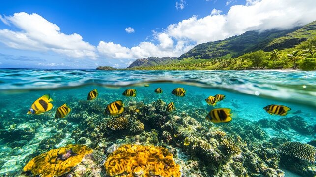 Tropical fish swimming on coral reef in the tropical lagoon, Le Morne Brabant, Black River district, Mauritius, Indian Ocean, Africa