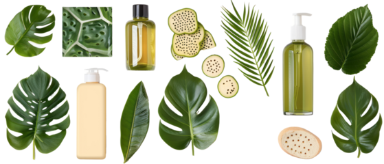 Set of isolated, ody oils and lotions on transparent background. elements, themed designs. Top view high quality PNG." design elements, top view / flat lay.	
