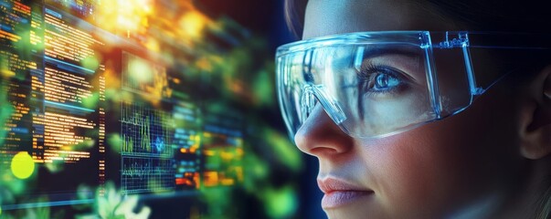 A scientist wearing safety goggles while examining genetically engineered crops in a biotechnology lab