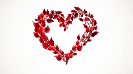 Red heart-shaped wreath made of red leaves on a white background. This image features a delicate heart-shaped arrangement of red leaves, symbolizing love and nature combined, making it perfect for rom