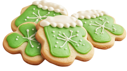 Festive St. Patrick's Day cookies and green beer on a plate. This colorful image shows green shamrock-shaped cookies decorated with white icing next to two mugs of green beer with frothy tops, perfect