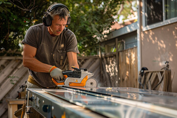 Handyman using a power saw in a backyard. Generative AI