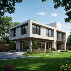 Fototapeta premium Modern luxury house with a well-manicured lawn..