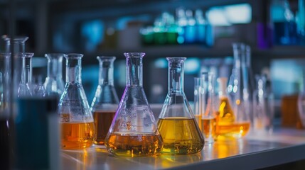 A chemistry lab with various glassware, bubbling liquids, and scientists in white coats,