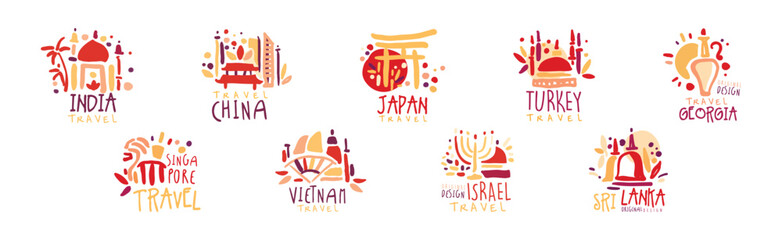 Travel Time Original Label Design with Destination Country Vector Set