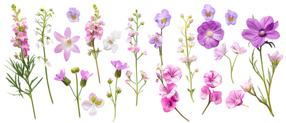 Set of isolated, violets, lilies of the valley, and pink cosmos on transparent background. elements, themed designs. Top view high quality PNG." design elements, top view / flat lay.	
