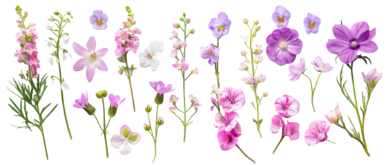 Set of isolated, violets, lilies of the valley, and pink cosmos on transparent background. elements, themed designs. Top view high quality PNG." design elements, top view / flat lay.	
