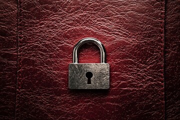 Fototapeta premium A textured maroon leather background with a silver padlock icon in the middle, symbolizing security with a touch of elegance.
