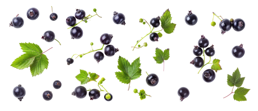 Set of isolated, blackcurrant on transparent background. elements, themed designs. Top view high quality PNG." design elements, top view / flat lay.	
