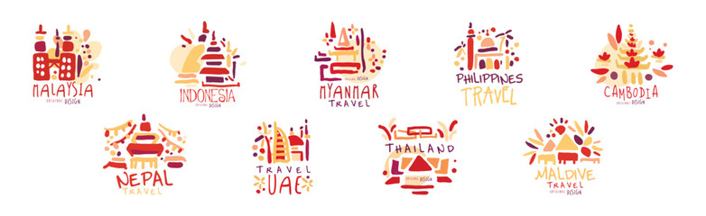 Travel Time Original Label Design with Destination Country Vector Set