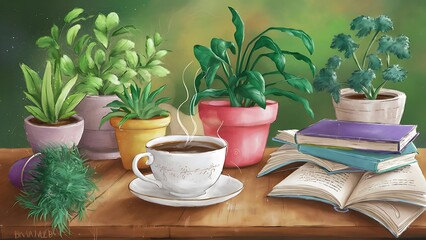 Plants in flowerpots and cup of coffee on books on green background