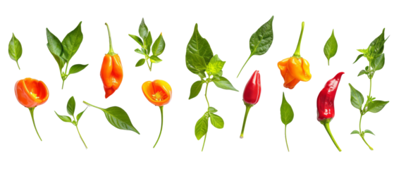 An array of fresh peppers in varying colors, shapes, and sizes is artistically laid out alongside lush green herbs, showcasing the beauty of nature's harvest and its culinary potential