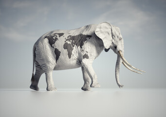 An elephant with a world map printed on its skin on a white background.