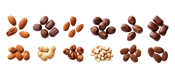 Obraz premium Set of isolated, chocolate covered nuts on transparent background. elements, themed designs. Top view high quality PNG.