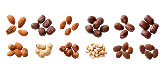 Set of isolated, chocolate covered nuts on transparent background. elements, themed designs. Top view high quality PNG." design elements, top view / flat lay	
