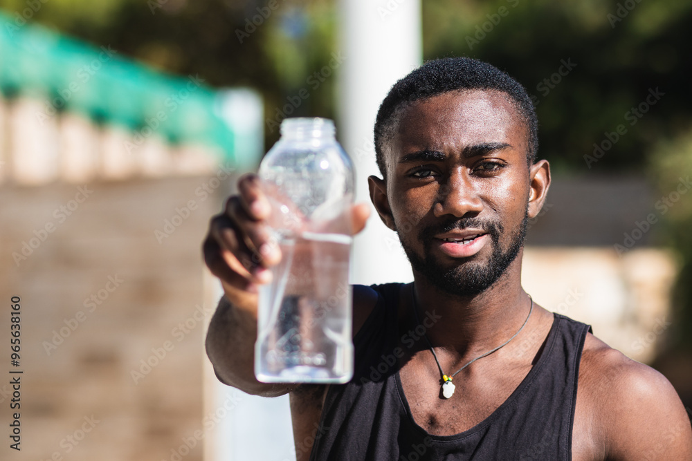 Poster African american man showing bottle of water after play basketball