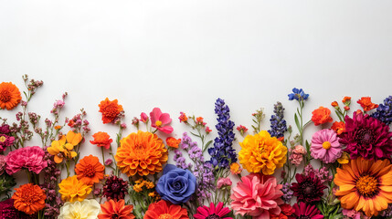 Fototapeta premium vibrant and colorful flowers banner, white background, top space for copy and text