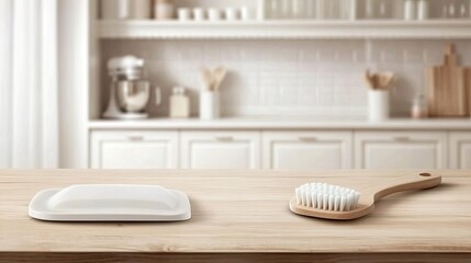 A hand brush and dustpan sit on a wooden kitchen table, ready for cleaning. The bright room features various cleaning supplies in the background, enhancing the organized feel