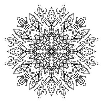 Black complex doodle mandala on transparent background. For color printing abstract flower