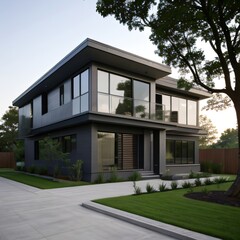 Fototapeta premium Modern luxury house with a well-manicured lawn..