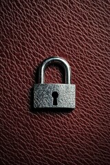 Fototapeta premium A textured maroon leather background with a silver padlock icon in the middle, symbolizing security with a touch of elegance.