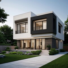 Fototapeta premium Modern luxury house with a well-manicured lawn..